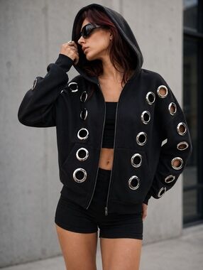NWT Y2K Streetwear Hoodie Oversized Goth Grommet Cutout Zip Black Jacket SZ XS